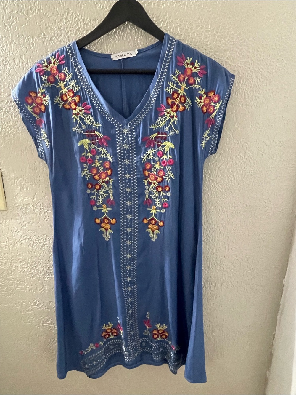 MISSLOOK Casual blue Floral Embroidered V-Neck Tunic Dress Large Lightweight